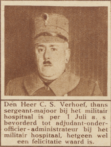 870591 Portret van C.S. Verhoef (Alberdingk Thijmstraat 20bis) te Utrecht, sergeant-majoor bij het Militair Hospitaal ...